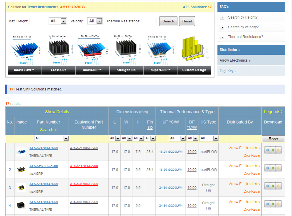 heat sink selection tool results page