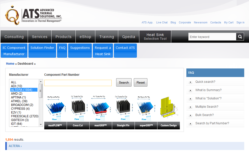 heat sink selection tool main page
